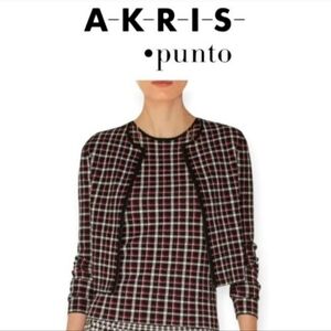 Akris Punto Glen Check Plaid Zip Cardigan Bolero Jacket Outer Layer Size 6 Black